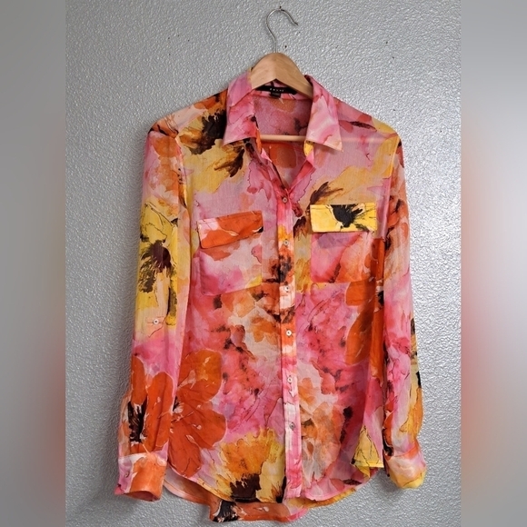 Fever Multi Colored Floral Sheer Blouse     Size M - Picture 7 of 12